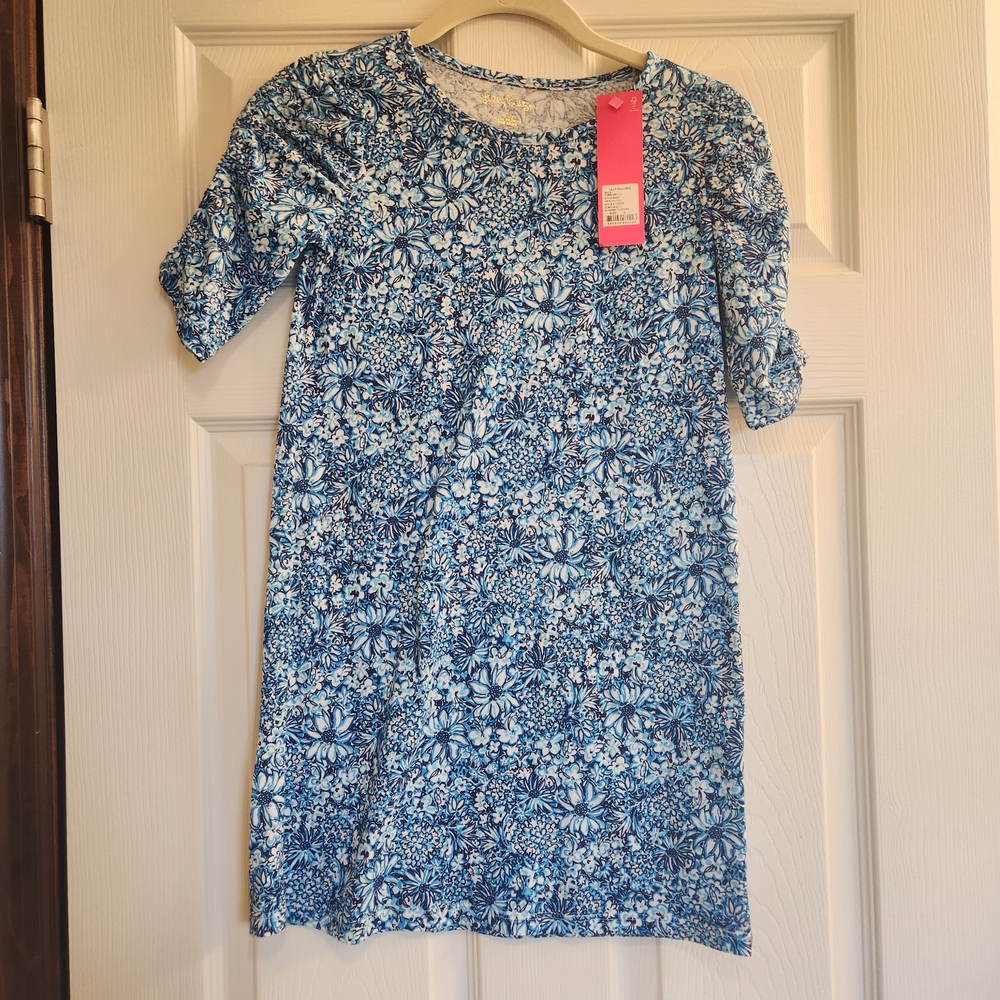 Lilly Pulitzer Mini Belden Dress Cumulus Blue Blooming Together Kids LARGE 8-10
